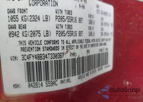 2004 Chrysler Pt Cruiser z USA, uszkodzony, nr VIN 3C4FY48B34T330367